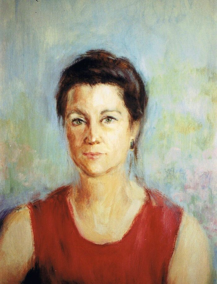 Retrato al óleo de mujer con vestido rojo